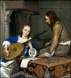 Gerard ter Borch. Woman Playing the Theorbo to a Cavalier, c1658.