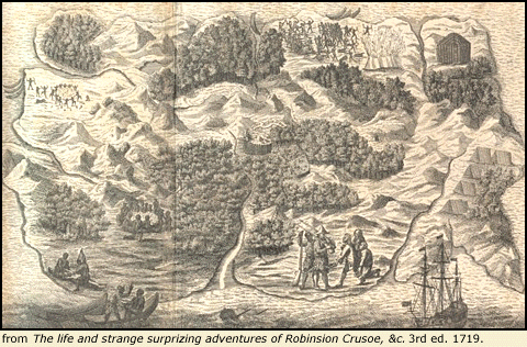 Engraving from the third edition of Robinson Crusoe, 1716