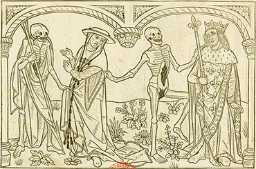 Engraving of Death and the Cardinal, Death and the King, from Guyot's 'La Danse Macabre, 1485