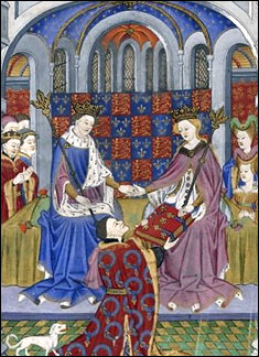 John Talbot, Earl of Shrewsbury giving Margaret of Anjou the gift of a book, soon after her marriage to Henry VI