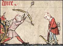 Medieval manuscript image of a bow and crossbow