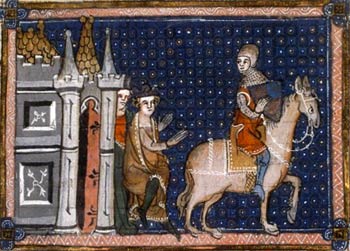 Gawain leaving Camelot. 14th-century Belgian Manuscript