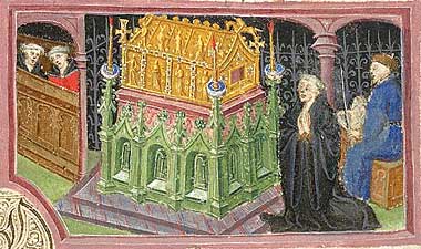 Lydgate praying at the Shrine of Edmund. Manuscript illumination, c1434-9