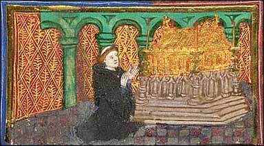 Lydgate at the Shrine of Edmund. Manuscript illumination, c1461-75