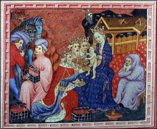Adoration of the Magi, from a Medieval manuscript in the Bodleian Library, Oxford, 15th c.