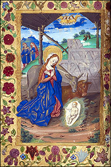 Medieval manuscript illumination: Nativity from 15th-century manuscript, British Library Harley MS 1892, f. 8v.