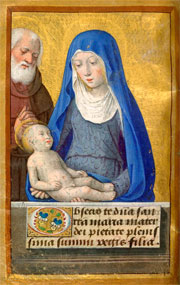 Virgin and Child with St. Joseph. French Manuscript, Book of Hours, c1490-1500