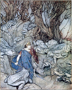 Art, Son of Conn, and the poison toads. By Arthur Rackham.