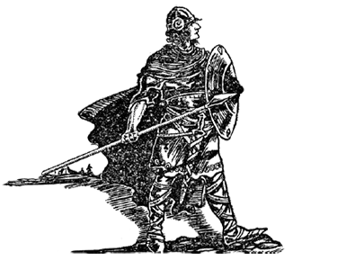 Engraving of Cuchulainn with a spear