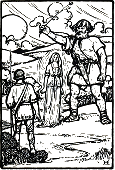 Illustration of Scathach turning from boar to maiden