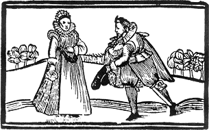 Elizabethan woodcut of a lady and a courtier