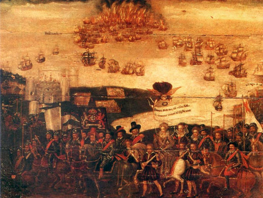 Queen Elizabeth I at Tilbury.  The Armada in the background