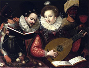 Flemish School. Lady playing Lute with Maskers. Early 17thC.