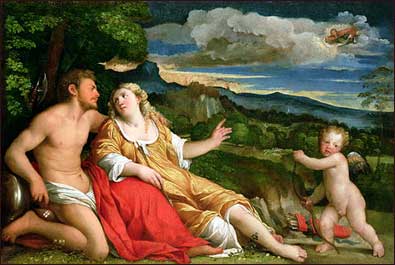 Palma Vecchio. Mars and Venus with Cupid