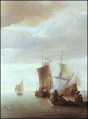 Jan van de Cappelle (c1624-1679). Ships on a Calm Sea near Land. Detail.