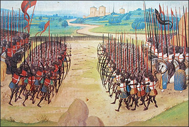 The Battle of Agincourt, from a 16th-century French Manuscript of Monstrelet's Chronicles