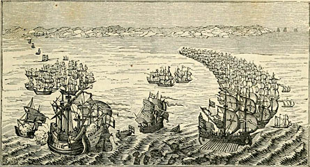 The Spanis Armada attacked by the English Fleet. From an old tapestry.