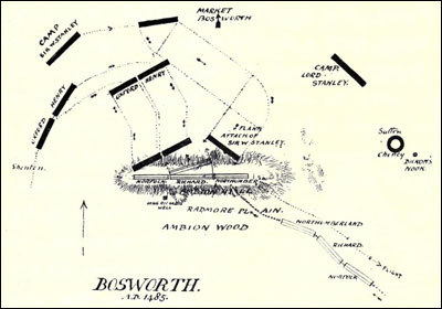 Map of the Battle of Bosworth Field from Barrett's 'Battles and Battlefields in England'