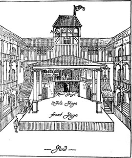 A sketch imagining the interior of the Fortune Playhouse