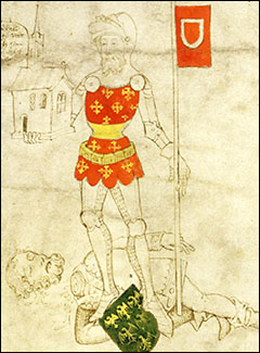 Guy de Beauchamp standing over the body of Piers Gaveston. Rous Rolls, c1483.