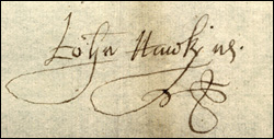 Signature of Sir John Hawkyns, from Conquest of the Kingdom of New Galicia in North America..., 1588. Library of Congress.
