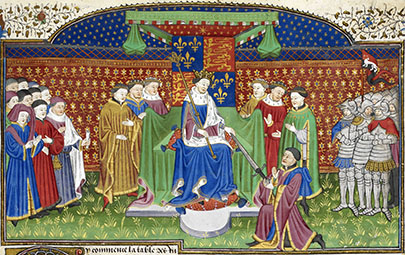 Henry VI enthroned, giving John Talbot the sword of Marshal of France (1536). 
John Stafford is likely the figure on the left, with the Lord Chancellor's purse and staff. The Talbot Shrewsbury Book, 1445. British Library Royal MS 15 E VI, f. 405r.