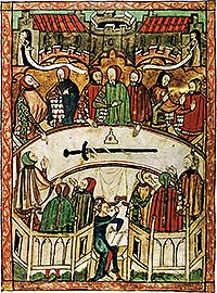 Medieval Manuscript Illumination of a court in session.