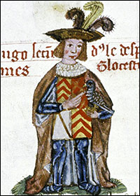 16th-century manuscript portrait of Hugh le Despenser, in Tewkesbury Abbey Founder's and Benefactors' Book.