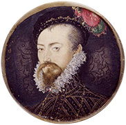 Hilliard portrait of the Robert Dudley, Earl of Leicester, by Nicholas Hilliard, c1571-74. The V & A