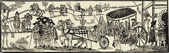 Woodcut of people fleeing the plague. Wellcome Library