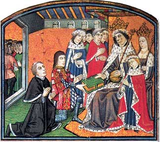 Caxton and Rivers presenting book to King Edward IV