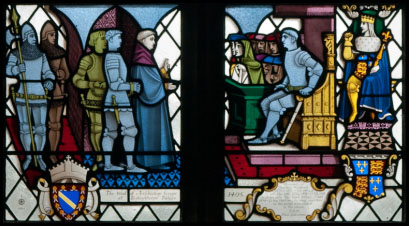 trial of Archbishop Richard le Scrope from a stained-glass window in St. Andrew's, Bishopsthorpe. Image credit: Roger Walton