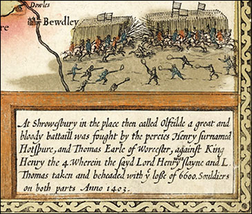 Depiction of the Battle of Shrewsbury in a map by John Speed, 1616. The Folger.