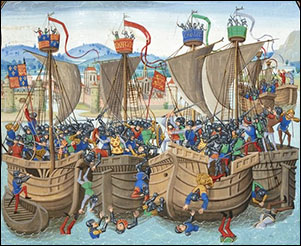 The Battle of Sluys (Bataille de l'Ecluse) from a near-contemporary Medieval MS illumination