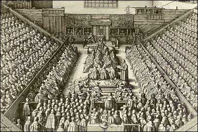 Trial of the Earl of Strafford in Westminster Hall. Engraving by Wenceslaus Hollar, 1641