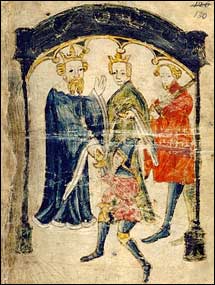 Sir Gawain returns to King Arthur's court. British Library MS Cotton Nero A. X, art.3, f.130