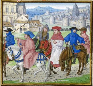 Lydgate and pilgrims on the road to Canterbury, at the beginning of the prologue of the Siege of Thebes.