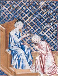 Priest Absolving a Penitent Man, kneeling. Manuscript illumination, late 14th century