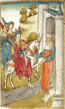 Queen of Sheba arriving at Jerusalem on a donkey. Medieval Manuscript, 1450-75.