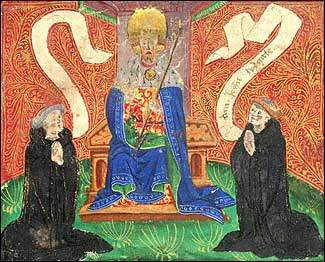 Two monks (one of them Lydgate) kneeling in front of Edmund. Manuscript illumination, c1450-60