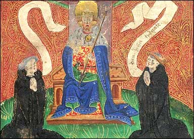 Lydgate and another monk kneeling before St. Edmund.
