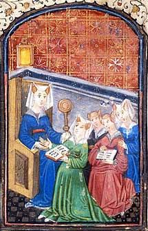 Woman teacher, wearing Medieval horned' headress. Manuscript