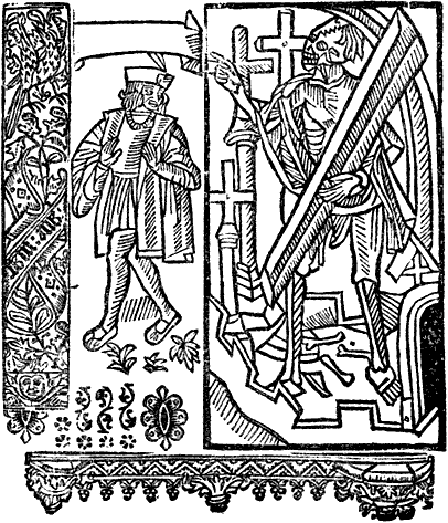 image: woodcut showing Death confrontingEveryman. British Museum.