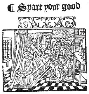 Image: woodcut ofwoman in a canopy bed, with a woman and a man seated nearby.