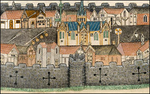City view. Manuscript illumination from 'The Luttrell Psalter'
