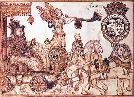 Queen Elizabeth riding the chariot of Fame