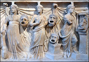 Relief of a Greek Chorus with Masks. Photo by Carole Raddato, Flickr.