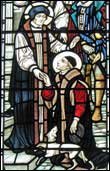 Bishop Fisher Encourages St. Thomas More. Stained Glass Window at Our Lady and the English Martyrs Church, Cambridge, UK