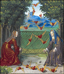 Ladies catching hearts. Pierre Sala, Le Petit Livre d'Amour, c1500. BL.