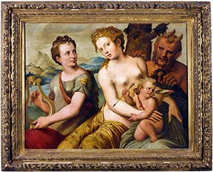 Flemish School, late 16th century. Venus and Cupid with a satyr and a harpist.